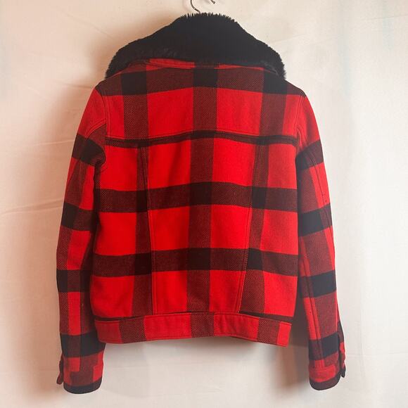 GAP Red Black Plaid Flannel Fur Bomber Jacket Removable Collar Sz. S - Picture 4 of 8